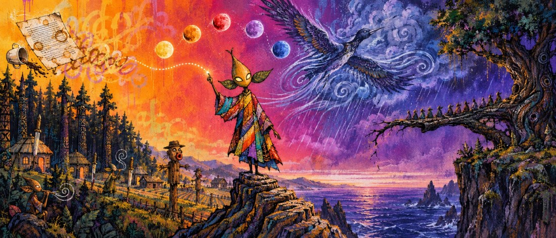 A leaf-headed figure in a patchwork robe on a sea cliff conjures moons beside a great bird, a village and scarecrows below
