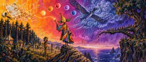 A leaf-headed figure in a patchwork robe on a sea cliff conjures moons beside a great bird, a village and scarecrows below