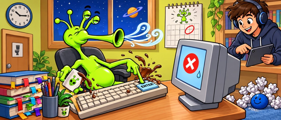 A green alien sprays coffee on a keyboard by an error screen while a teen with headphones laughs over a tablet