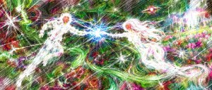 Abstract swirl of green and pink light where two glowing white figures reach toward a bright blue spark between them
