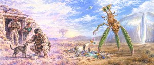 Soldiers and a cat by a stone bunker in the desert facing a giant green-legged alien insect beside a glowing dome
