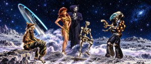A cowboy-hatted old man, a red-haired woman in leopard print, a hooded skeleton, a robot and a diver-suited alien on a moon