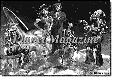 Black-and-white collage of retro astronauts, robots and a rocket around the title Planet Magazine