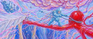 Painting of a tethered astronaut on a red blood vessel pulling a rope around a swelling, a patient in a machine at upper left