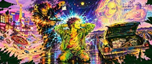 Neon collage of a kneeling man shocked by a raygun, a dealer with a baggie, Las Vegas, a casino and a cash-filled car trunk