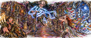 A huge fiend lifts a man in blue lightning over a cobwebbed staircase as a fairy casts at it; a man cowers with candles