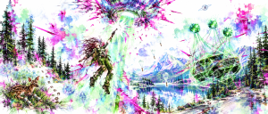 Watercolor of a woman firing a pistol up at a UFO as a truck is lifted by green orbs over a mountain lake, a fawn below