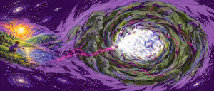 Purple cosmic vortex of bearded faces with a rocket flying toward a bright core, a child kneeling by a pond under a sun
