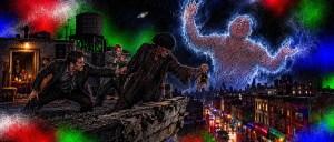 Men chase a grinning figure holding a doll across a city rooftop at night as a huge glowing ghostly man rises above