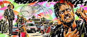 Collage of a wild-eyed bearded man clutching his chest, a parachutist, a clock, a skeletal hand and shoppers by an ambulance