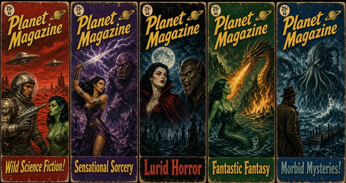 Five pulp Planet Magazine covers: a spaceman and green alien woman (Wild Science Fiction!), a sword-wielding sorceress and ogre (Sensational Sorcery), a vampire and werewolf (Lurid Horror), a mermaid and fire-breathing dragon (Fantastic Fantasy), and a man in a trench coat facing a tentacled sea monster (Morbid Mysteries!)