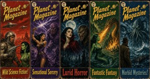 Five pulp Planet Magazine covers: a spaceman and green alien woman (Wild Science Fiction!), a sword-wielding sorceress and ogre (Sensational Sorcery), a vampire and werewolf (Lurid Horror), a mermaid and fire-breathing dragon (Fantastic Fantasy), and a man in a trench coat facing a tentacled sea monster (Morbid Mysteries!)