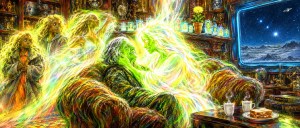 Glowing green ghostly women embrace an old woman in an armchair in a curio-filled room, a starry window and tea beside her
