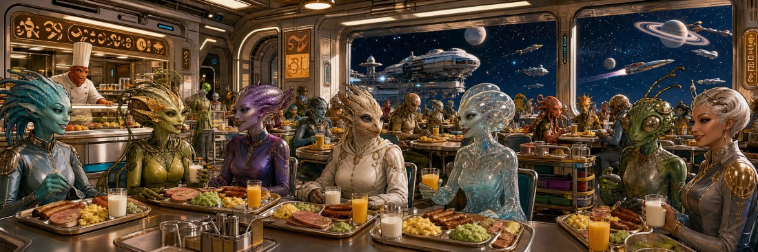 Diverse aliens eat a cafeteria-style meal in a spaceport dining hall overlooking starships and ringed planets