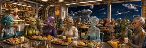Diverse aliens eat a cafeteria-style meal in a spaceport dining hall overlooking starships and ringed planets