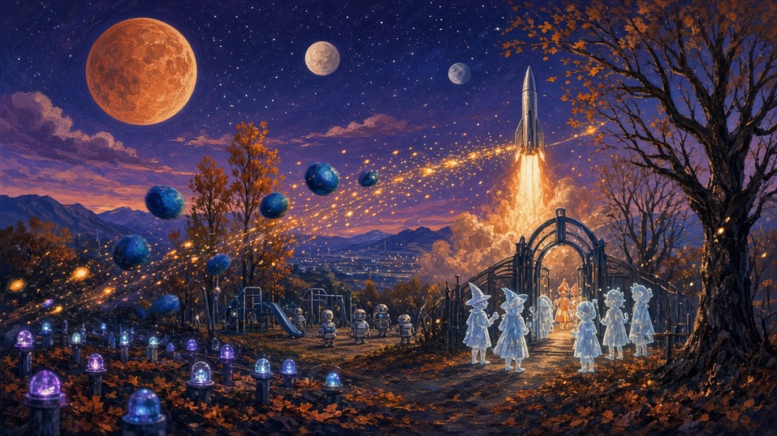 Painted illustration: an autumn night on a colony world under three moons, with a rocket launching, glowing nanofireflies and floating blue fruit, little droids on a playground, glowing grave markers, and translucent children in Halloween costumes at a gate.