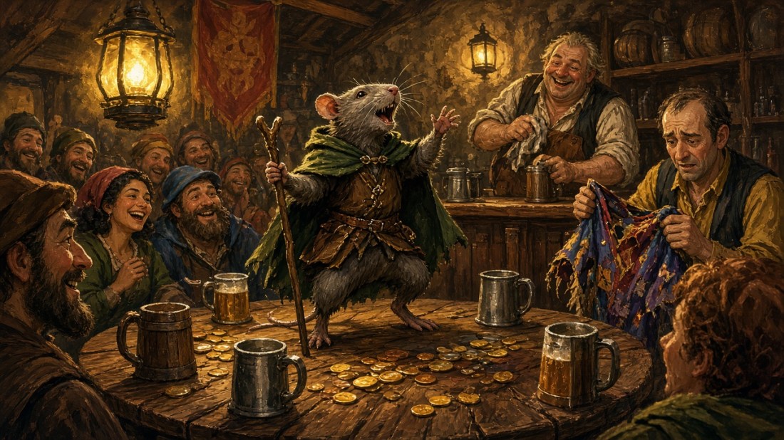 Painted illustration: a cloaked rat storyteller with a walking stick stands on a tavern table among coins and mugs, entertaining a laughing crowd, as a jolly innkeeper looks on and a worried tailor holds up a torn costume.
