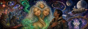 A man in a jacket gazes up at a three-headed silver-haired woman amid swirling cosmic colors, aliens and a starship