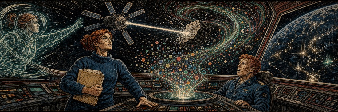 A red-haired woman with a book and a pilot on a starship bridge watch a satellite fire a beam, a ghost reaching in