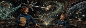 A red-haired woman with a book and a pilot on a starship bridge watch a satellite fire a beam, a ghost reaching in