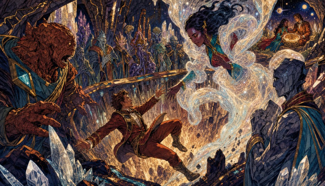 A woman in swirling glowing light reaches for a falling man in a crystal cavern filled with rocky giants and onlookers