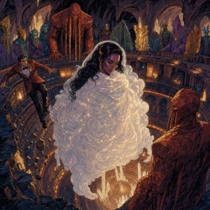 A woman wrapped in glowing white veils floats in a vast cavern arena watched by rocky giants and crowds, as a man falls
