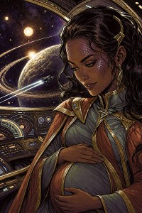 A pregnant woman with glittering facial markings and a gold-trimmed robe stands by a starship window over a ringed planet
