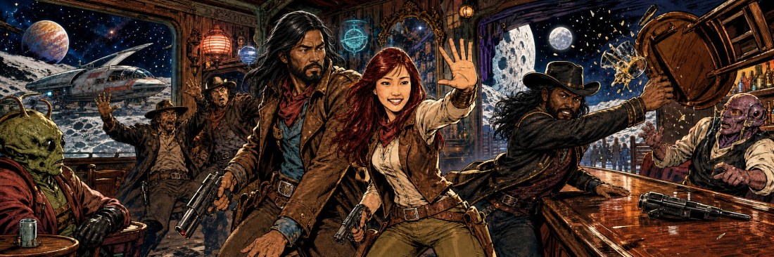 A red-haired woman, a long-haired man and a cowboy fight in a chaotic space-port saloon brawl