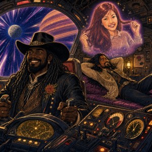 A smiling cowboy pilots a spaceship as a man lounges behind him and a hologram of a red-haired woman glows overhead