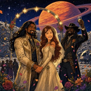 A bride and groom hold hands under a starry arch on an alien world as a cowboy raises a glass beside a ringed planet