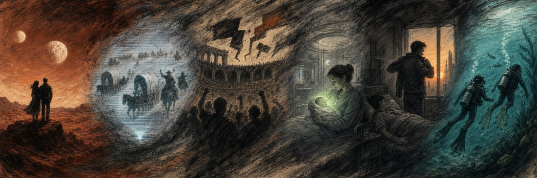 Sketchy panorama of scenes flowing together: a couple on Mars, wagons, a colosseum crowd, a sickbed and scuba divers