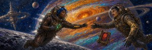 Two astronauts in ornate copper spacesuits reach for each other in space before Jupiter, with a red device floating between