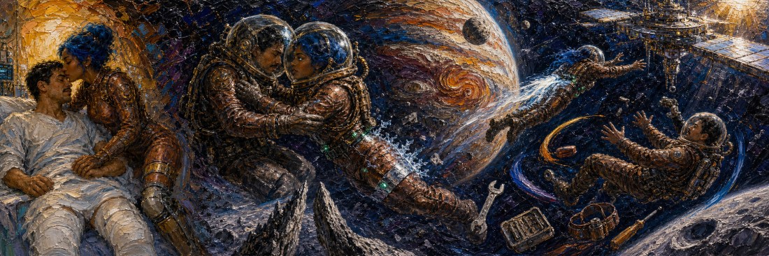 Mosaic-style scene of a couple embracing in a sickroom and in spacesuits floating near Jupiter and a space station