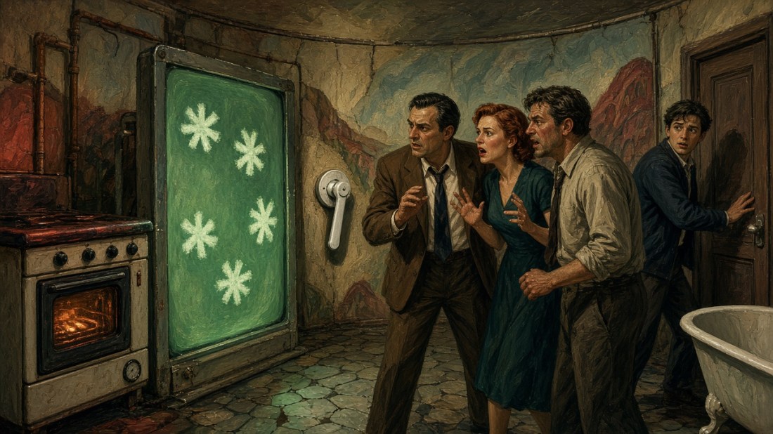Painted illustration: four startled people in a strange bathroom with an old oven and a clawfoot tub stare at a large glowing green screen marked with white star shapes beside a lever on the wall, while a young man slips toward the door.