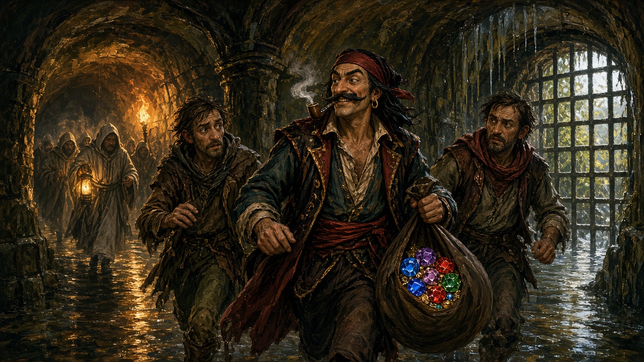 Painted illustration: a grinning mustached bard with a pipe and a red headscarf carries a sack of glittering gems through a flooded sewer tunnel with two scruffy thieves, as hooded priests with a lantern and torch follow behind.