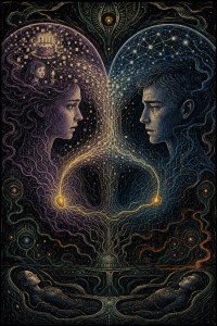 Intricate cosmic art of a woman's and a man's faces meeting across a web of glowing threads, two figures asleep below