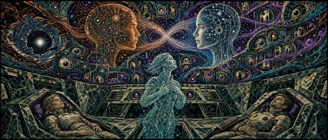 Intricate art of two glowing faces joined by a light ribbon over a woman with clasped hands and two sleepers in pods