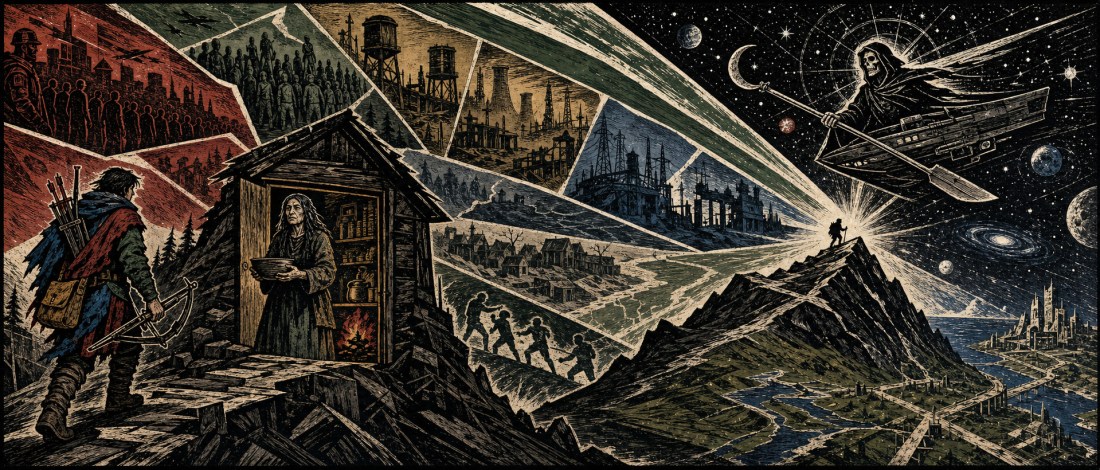 Woodcut-style panorama of an archer, a woman in a cabin doorway, a figure on a lit peak and a robed being on a flying craft