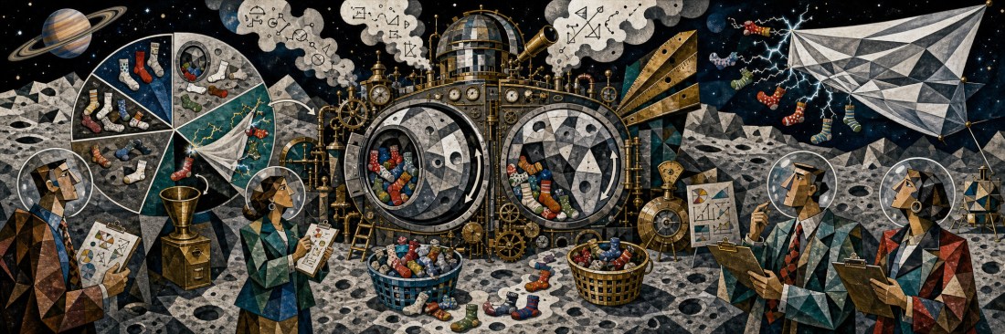 Cubist-style scene of scientists in space helmets studying a giant sock-sorting machine on a cratered moon