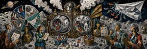 Cubist-style scene of scientists in space helmets studying a giant sock-sorting machine on a cratered moon