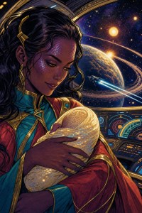A woman with glittering facial markings cradles a glowing swaddled baby by a starship window over a ringed planet