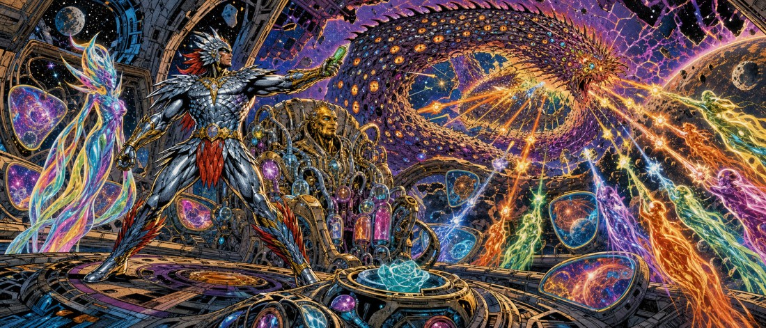 Psychedelic cosmic scene of a silver-armored warrior and a rainbow figure as beams of colored light burst across a vortex