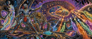 Psychedelic cosmic scene of a silver-armored warrior and a rainbow figure as beams of colored light burst across a vortex