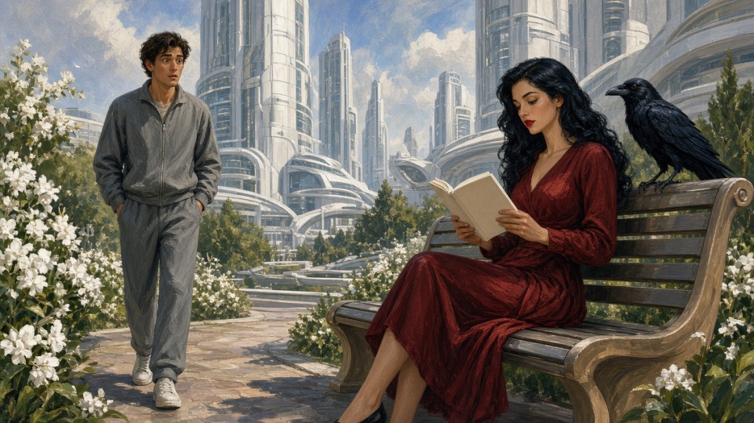 Painted illustration: a young man in a grey tracksuit approaches a black-haired woman in a red dress reading on a bench, with a raven perched beside her, in a flowering courtyard among gleaming white futuristic towers.