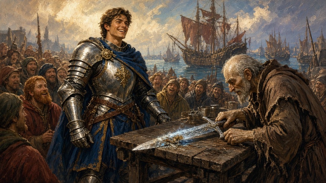 Painted illustration: a grinning young knight in silver armor and a blue cloak watches with a cheering harbor crowd as an old merchant scrapes crusted deposits from an ancient sword on a wooden table, revealing gleaming steel, with tall ships behind.
