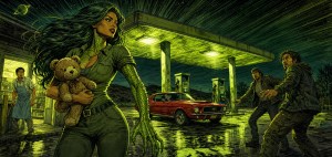 A green-scaled woman clutching a teddy bear strides from a neon gas station as two men back away from her