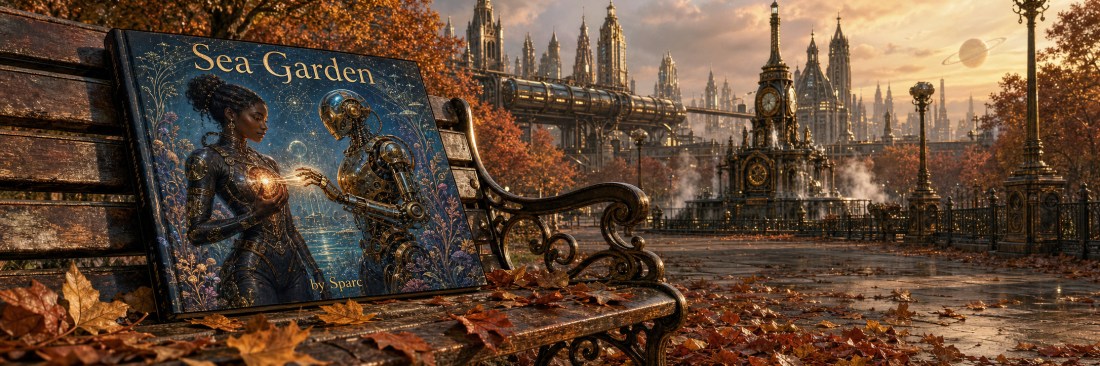 A book titled "Sea Garden" showing a woman and a robot rests on a park bench in autumn before a spired city