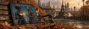 A book titled "Sea Garden" showing a woman and a robot rests on a park bench in autumn before a spired city