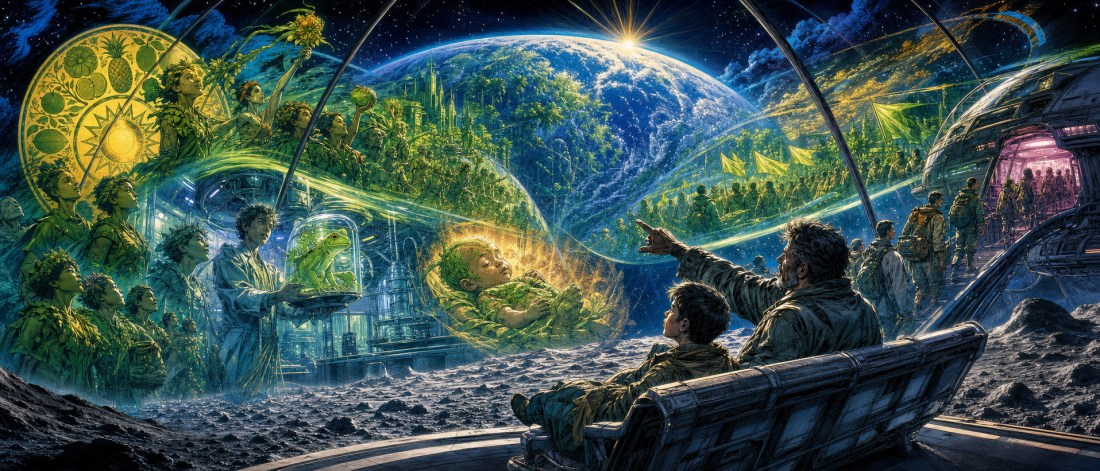Leafy plant-people and a man holding a jar with a frog in a lunar greenhouse dome as a man and boy watch from a bench