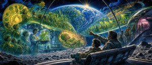 Leafy plant-people and a man holding a jar with a frog in a lunar greenhouse dome as a man and boy watch from a bench